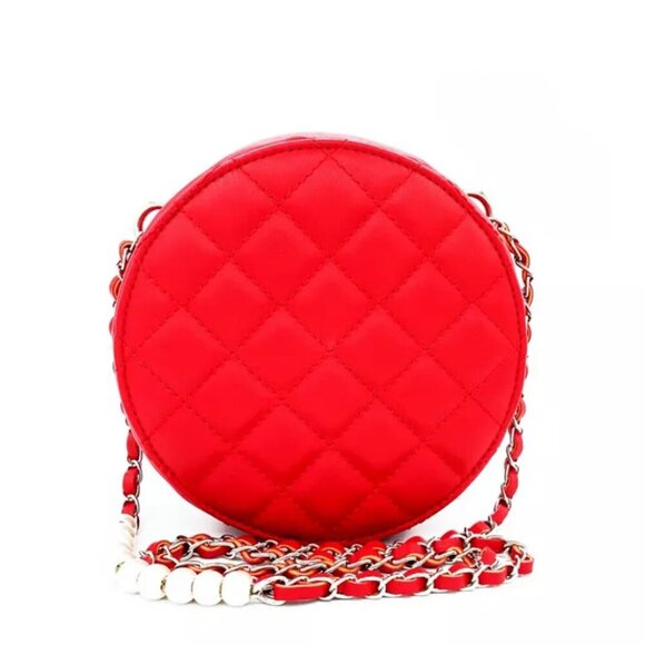 Badgley Mischka Quilted Small Round Pearl Shoulder Handbag Red - Picture 4 of 4